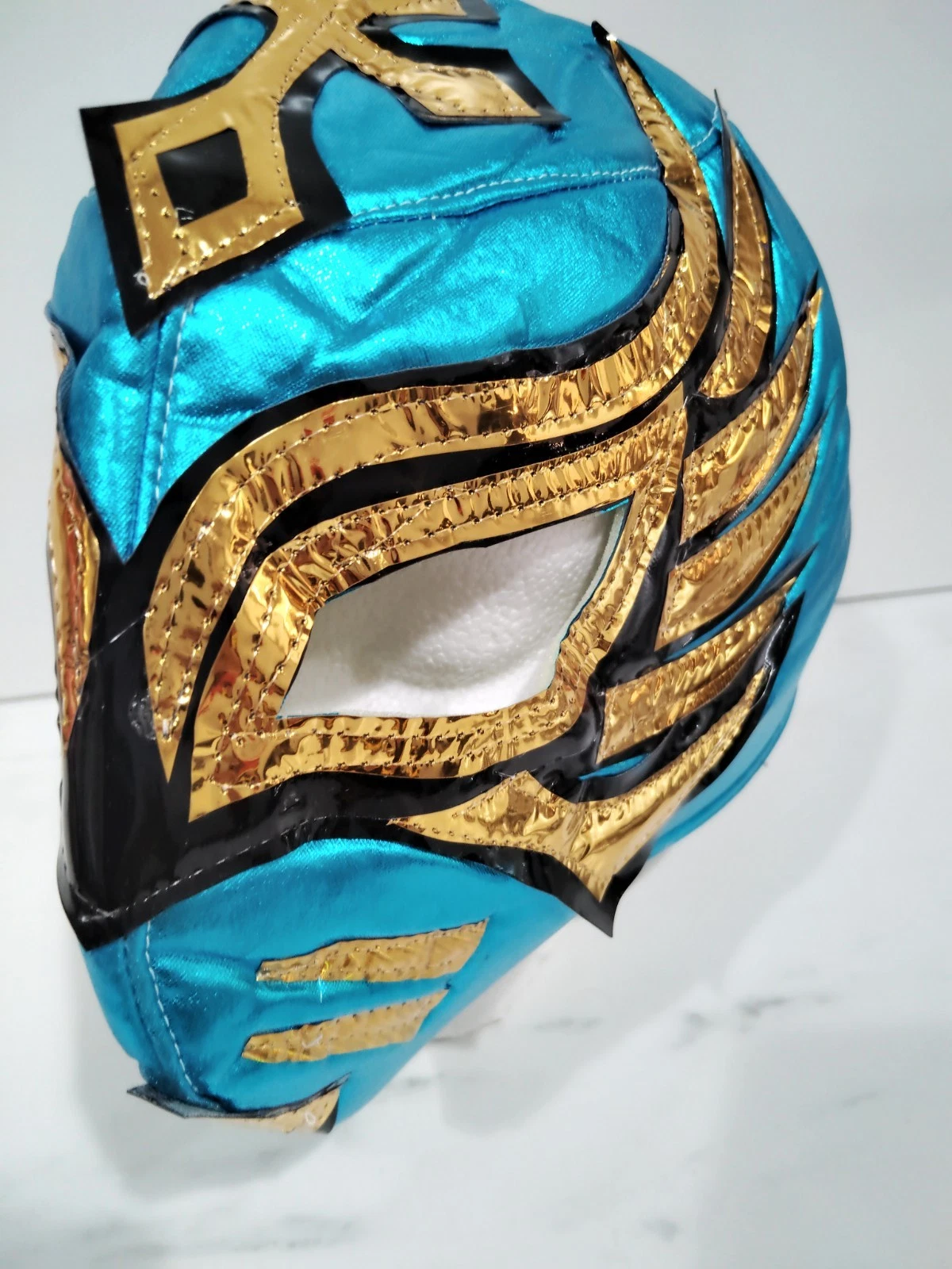 Blue Alien Space Man Lucha Libre Mask Blue With Gold And Black Lace Back