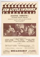 "TEN LITTLE INDIANS" Agatha Christi Michael Whalen / Beverly Roberts 1944 Flyer "TEN LITTLE INDIANS" Agatha Christi Michael Whalen / Beverly Roberts 1944 Flyer