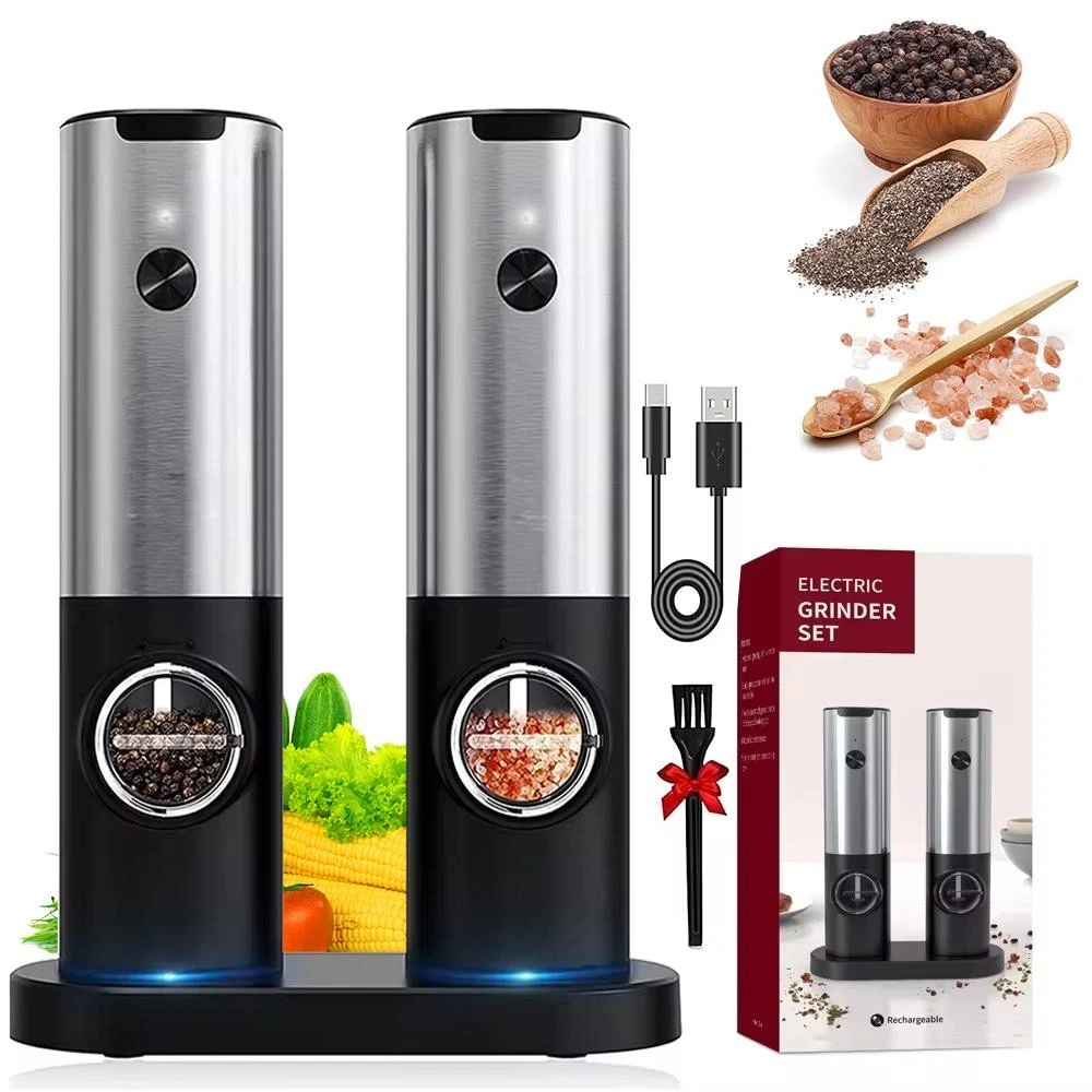 Electric Salt & Pepper Grinder Set USB Rechargeable Automatic with LED Light