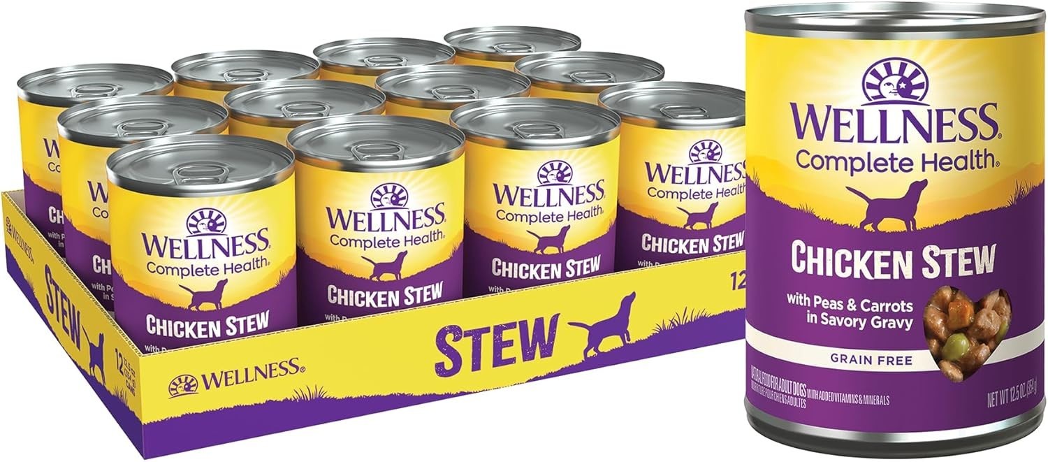 12Pk 12.5oz Wellness Thick & Chunky Grain Free Canned Wet Dog Food, Chicken Stew