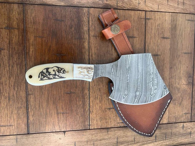 CUSTOM HANDMADE DAMASCUS THROWING AXE HATCHET WITH BEAR ENGRAVING HANDLE