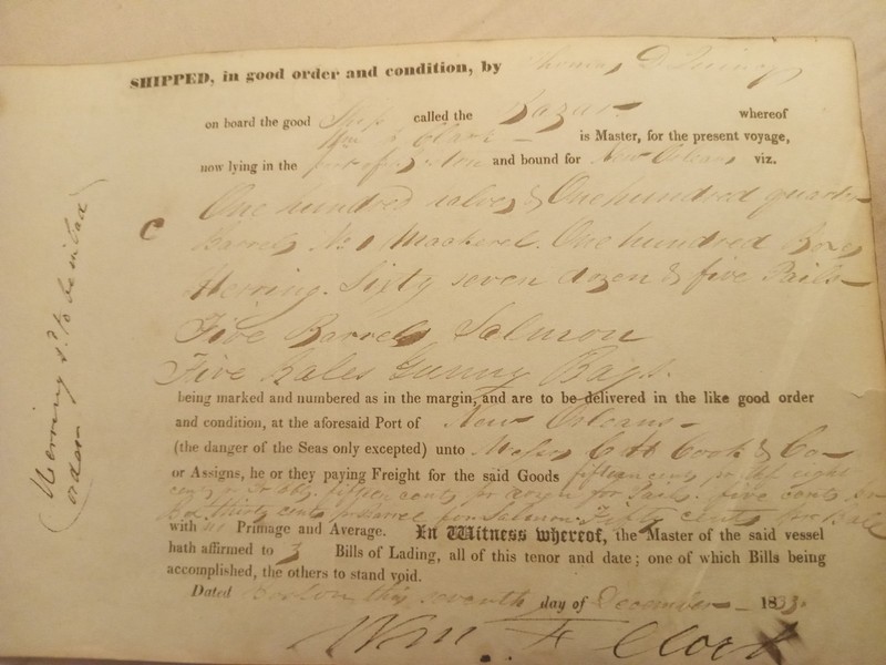 1833 Maritime Bill of Lading New Orleans Cargo Shipping