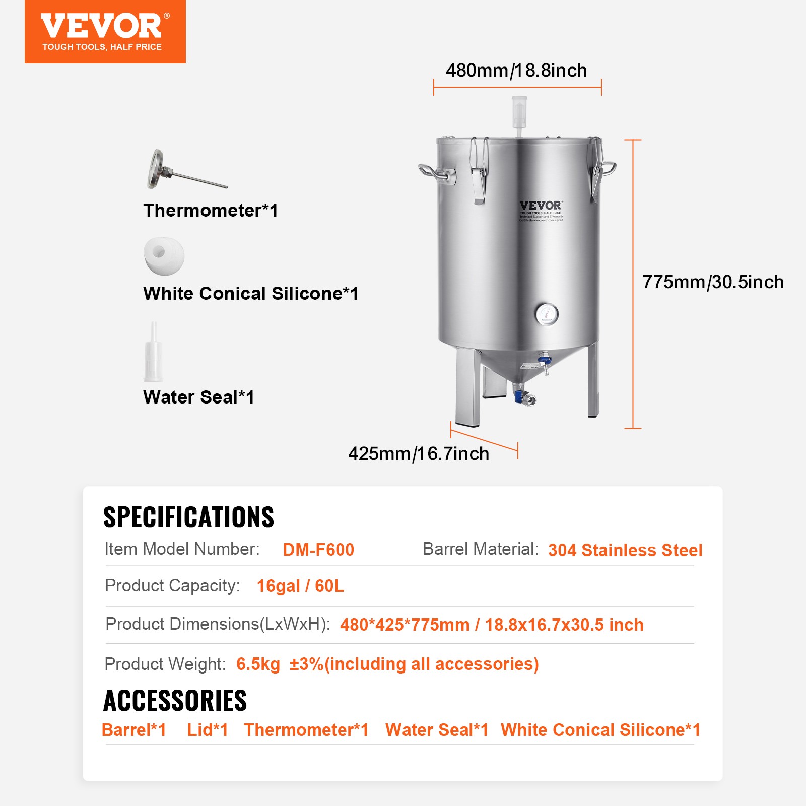 VEVOR 16 Gal Stainless Steel Home Brew Kettle Set Beer Brew Bucket Fermentor