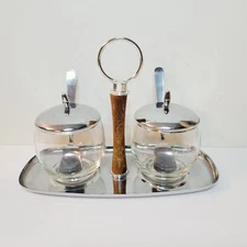 MCM Shelton Ware USA Chrome Condiment Caddy Glass Wood Set