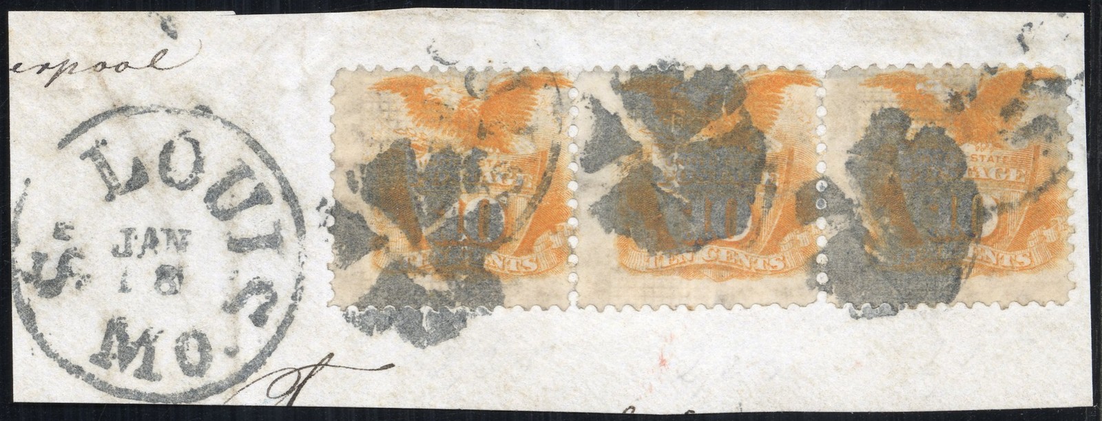 US Stamps # 116 Used Strip Of 3 On Piece With Split Grill Scott Value $3,000.00