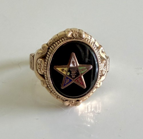 Black Onyx 1/30 14k R.G.P. Order Of Eastern Star Ring For Men And Women Size 5.5