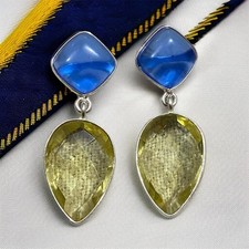 Hydro Lemon Quartz & Blue Chalcedony Handmade 925 Silver Earrings