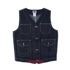 Vintage Mens Denim Waistcoat Indigo Blue Striped Workwear Vest Retro Casual