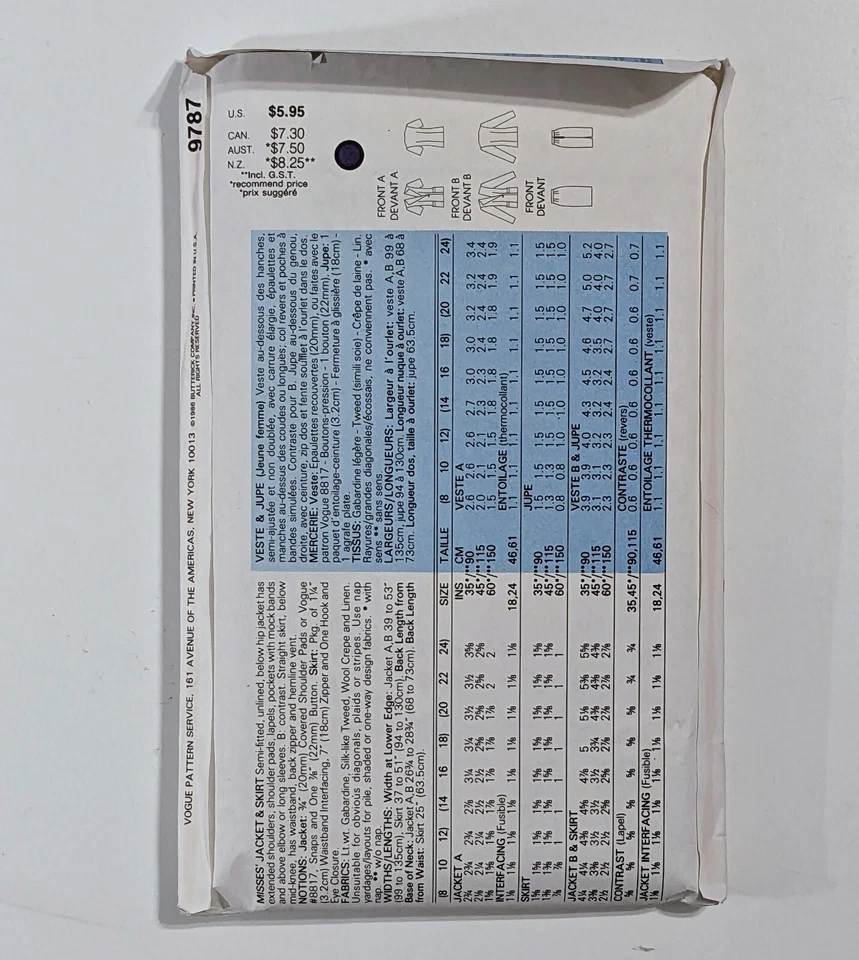 #9787 Vintage 1986 VOGUE Sewing Pattern Misses' Jacket & Skirt 8,10,12 UNCUT - Image 3 of 3