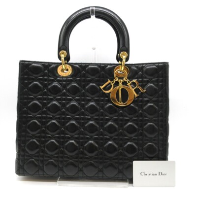 CHRISTIAN DIOR Lady Cannage Hand Tote Bag Leather Black Gold