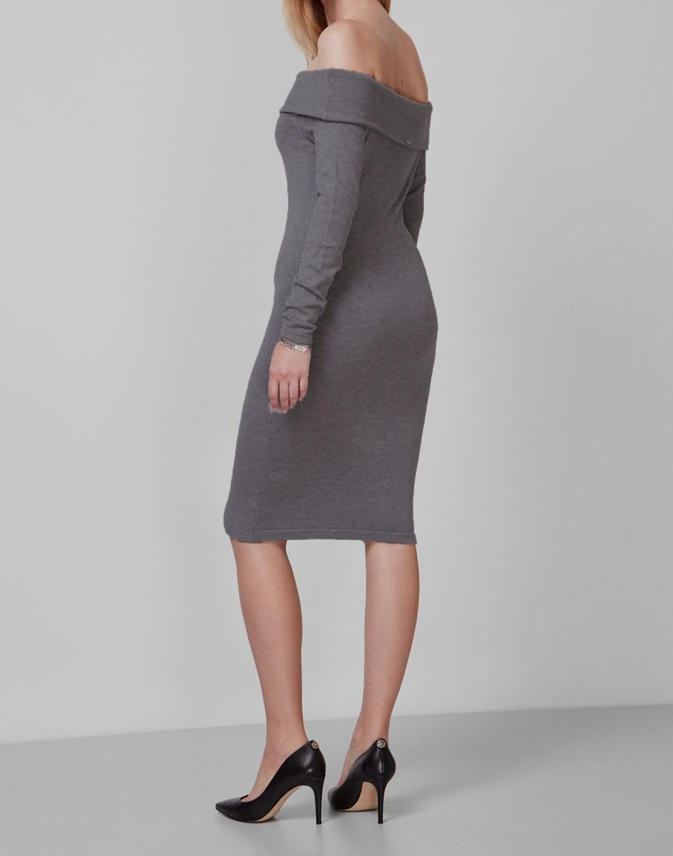 grey off the shoulder jumper dress Morais Puff Sleeve Off Shoulder Fit and Flare Sweater Dress Grey main image 0