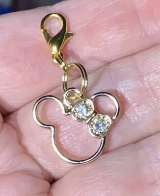 Gold Minnie Mouse Crystal Clear CZ Bowknot Zipper Pull & Keychain Add On Clip!!