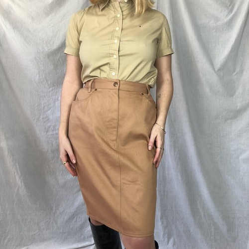 Jean Paul Gaultier pink high waisted denim knee length pencil skirt vtg size 8