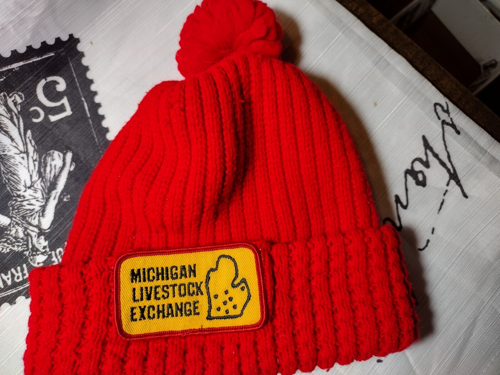 Chunky Knit Red Pompom Beanie - Stretchy Unisex Winter Warmth for Michigan-image