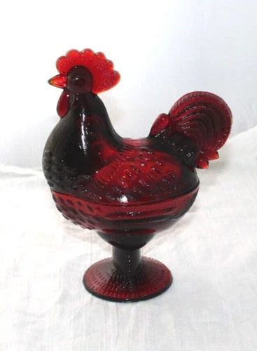 Dark Red Glass Rooster Covered Dish Standing Chicken Retro Depression Style