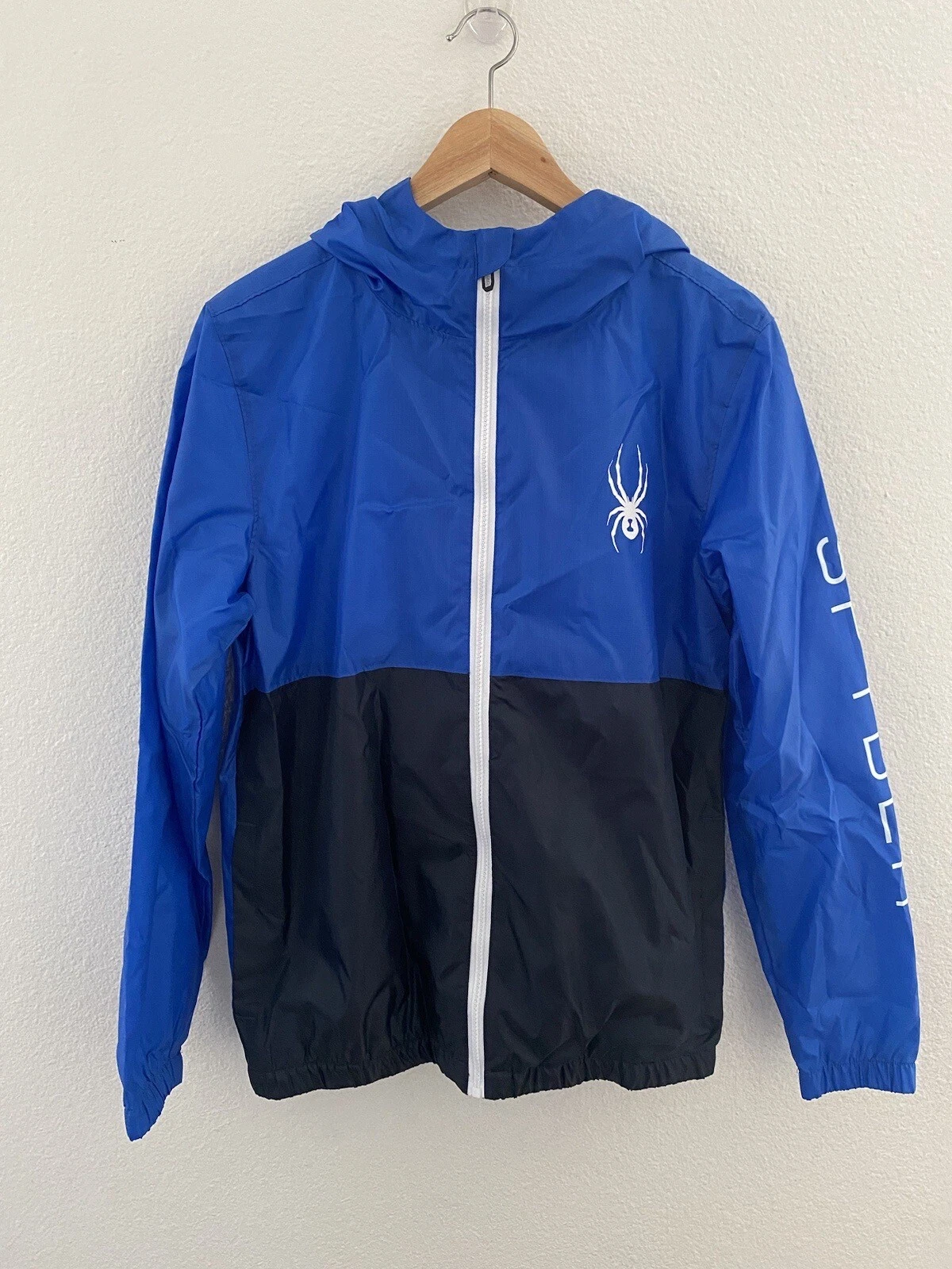 Spyder Windbreaker Jacket Men's S Water Resistant Hooded Lightweight Blue Black
