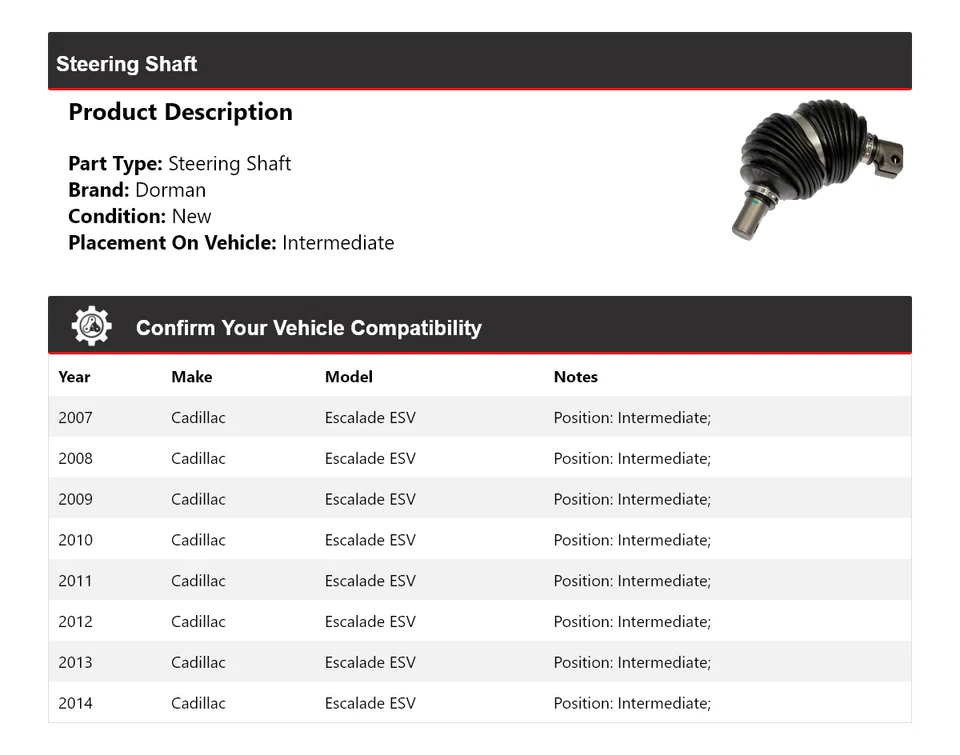 Eje de dirección intermedio 2008 2009 para Cadillac Escalade ESV Dorman 2007-2014 Foto 2 de 4