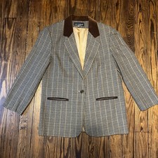 Women  s VTG Brown Houndstooth Blazer, Sz 10, Wool Blend, Suede Details, Preppy