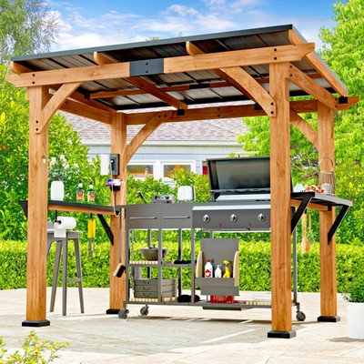 6' X 8' Cedar Wood Grill Gazebo Galvanized Steel Roof w/ Shelves for Backyard