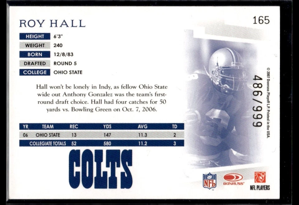 2007 Donruss Threads Roy Hall Rookie 486/999 Indianapolis Colts #165 - Image 2 of 2