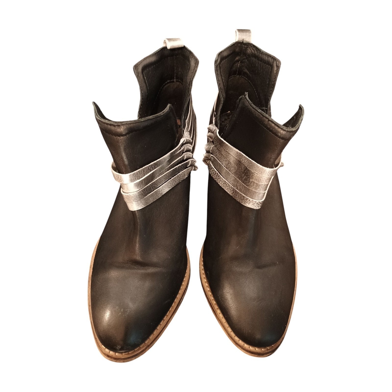 Diba Women's True Leather Sly Fox Pull On Bootie Black & Gray Straps Size 9.5M 