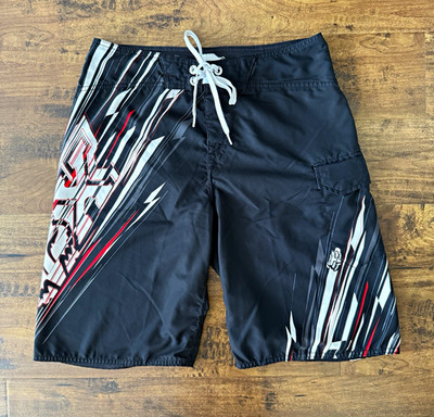 Fox Men s Board Shorts Black White Red Graphic Print Drawstring Pockets Sz 32
