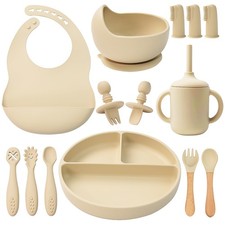 Silicone Baby Feeding Set 14 PCS Led Weaning Supplies Spoons Bowl Plate Beige