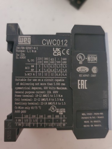 WEG, CWC012-10-30V04, Bobina 24 VAC, 12 A, Contactor Miniatura, Cantidad 2 - Imagen 2 de 4