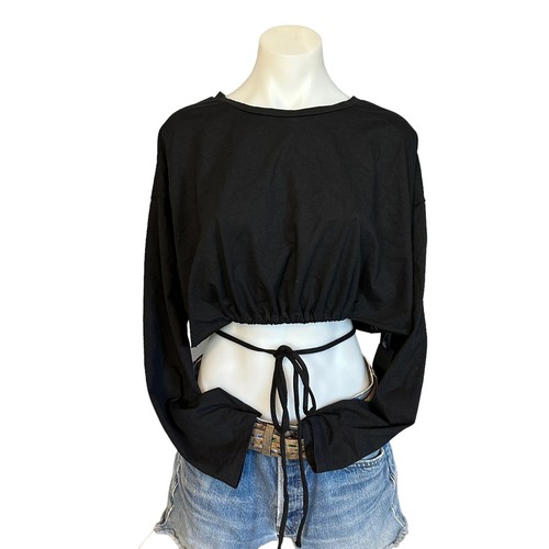 H:ours Black Wrap Tie Waist Crop Top MEDIUM Sweatshirt Long Sleeve $110 NEW - Picture 4 of 9