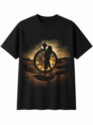 Doppelbelichtung Taschenuhr Hexagon Vintage Herren T-Shirt Schwarz 100% Baumwolle Top