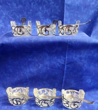 Set of 6 Individual Silver Overlay Glass Salt Dish & SSMC Sterling Silver Spoon