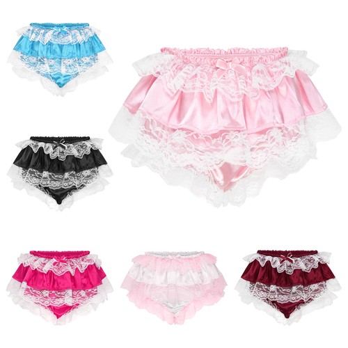 Frilly Lace Sissy Ruffled French Knickers Briefs Lingerie Silky Satin Panties - Picture 4 of 46