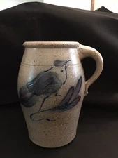 Ethan Allen Rowe Pottery Works  Salt Glazed Blue Bird Stoneware Jug/ Crock