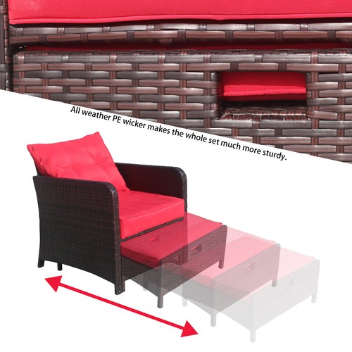 5 Piece Wine Red Patio Conversation Set, PE Wicker Rattan Outdoor