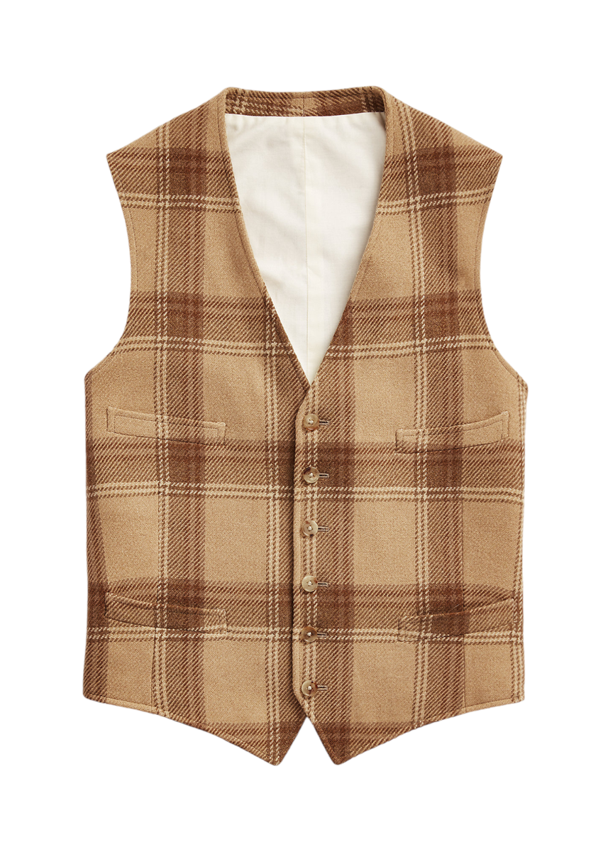 Ralph Lauren Purple Label Brown Plaid Wool Tweed Suit Vest 40 R