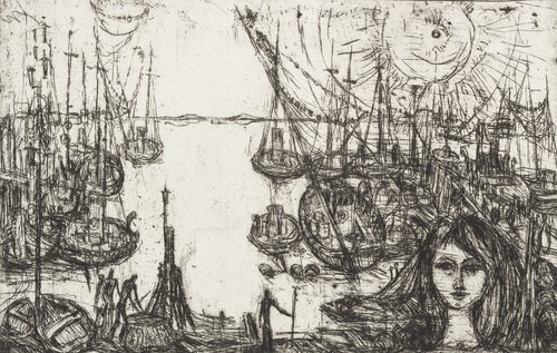 H. FRIEDRICH (*1938), Holländischer Hafen mit Schiffen und Nixe, nach 1962, Rad. - Picture 3 of 5