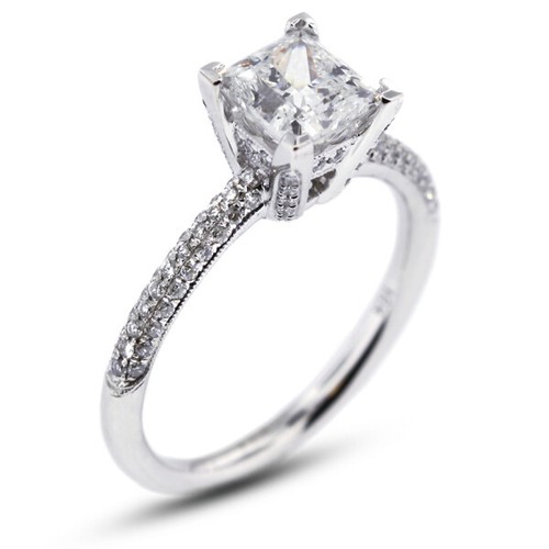 1.7CT NATURAL DIAMOND E/VS2 PRINCESS CUT 18K WHITE GOLD PRONG PETITE ACCENT RING - Picture 11 of 17
