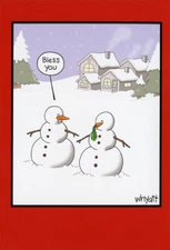 Snowman Sneeze Funny Tim Whyatt Christmas Card - Greeting Card by Nobleworks