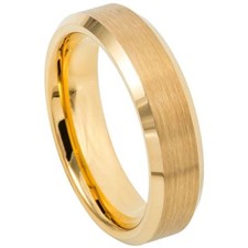 Tungsten Ring Unisex Brush Polish Yellow Gold IP Plated Center  Shiny Bevel Edge