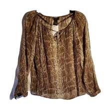 Sz 2 INC NEW Women's Brown Printed Long Sleeve Blouse Shirt Top NWOT