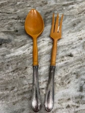 MCM Teak Wood And Sterling Silver Fork And Spoon Salad Server