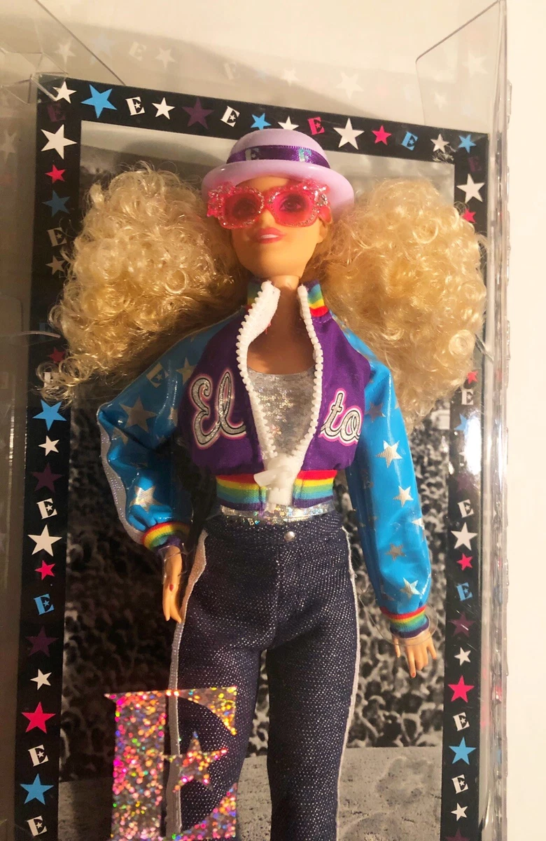 Elton john barbie collector doll online in bomber jacket and flared denim