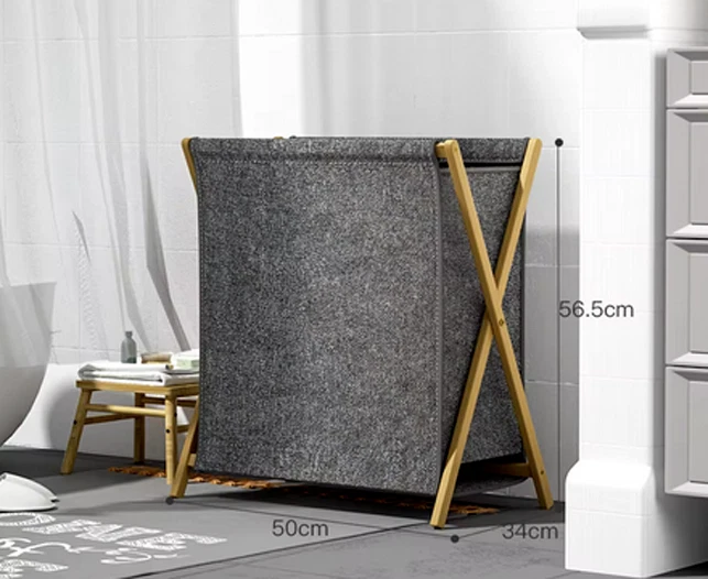 Wäschekorb Bambus Wäschesammler Wäschetruhe / Bambus & Stoff grau / 56 x 50 x 34 - Bild 3 von 3