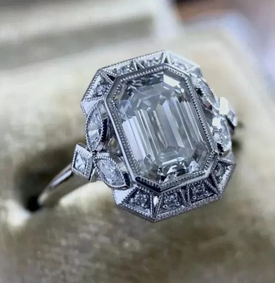 Art Deco Style Emerald Cut Lab Created Diamond 14K White Gold FN Engagement Ring