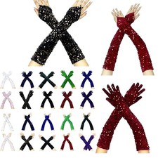 Women Velvet Sparkly Glitter Sequin Glove Long Thicken Gloves Wedding Prom Party