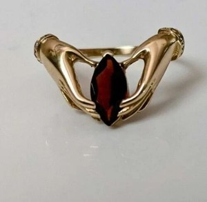 Authentic 2Ct Marquise Cut Red Garnet Hands-Holding Stone Ring in 14K Yellow Gold Plated