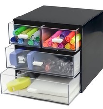 Black Desk Organizer with Drawer Storage Box Plastic Office Stationery Supplies