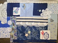 Slow Stitch Sewing Kit Denim Blues Fabric Trim Buttons Doily Quilt Squares Lace