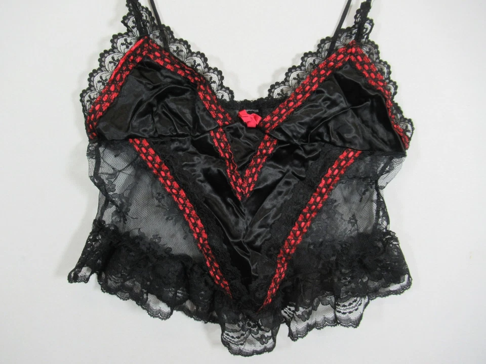 Camisola de satén y encaje Fredericks of Hollywood vintage años 80 pequeña roja/negra Foto 3 de 4