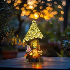 Resin Fairy House Statue Garden Flower Solar Powered Garden Statue Fairy Hous...